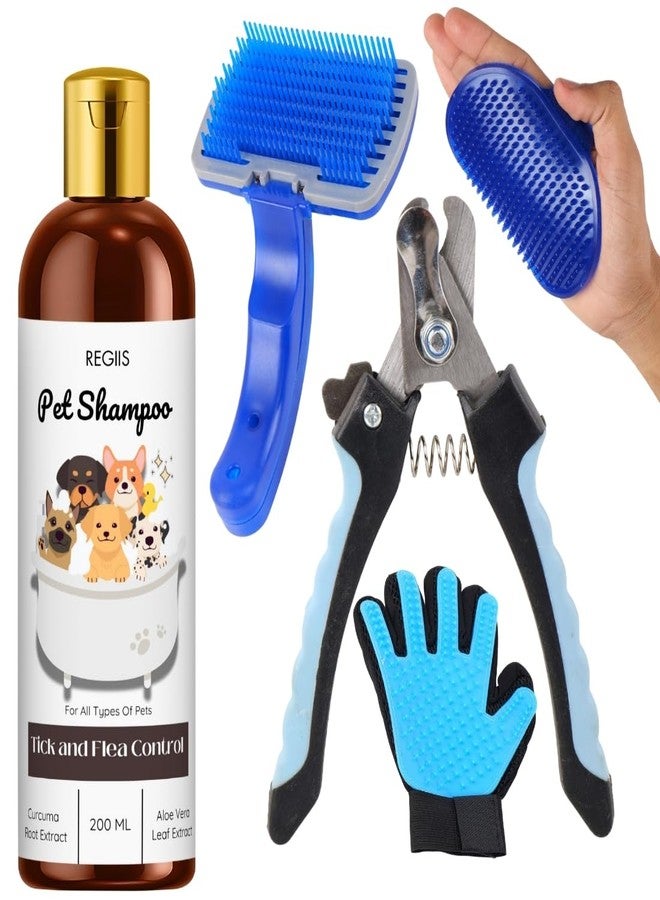 مجموعة ريجيس للعناية بالحيوانات الأليفة مع شامبو لمكافحة القراد والبراغيث، ومجموعة فرشاة سيليكون زرقاء، وقفاز لإزالة شعر الحيوانات الأليفة، 200 مل (عبوة من 5 قطع) - Image 1